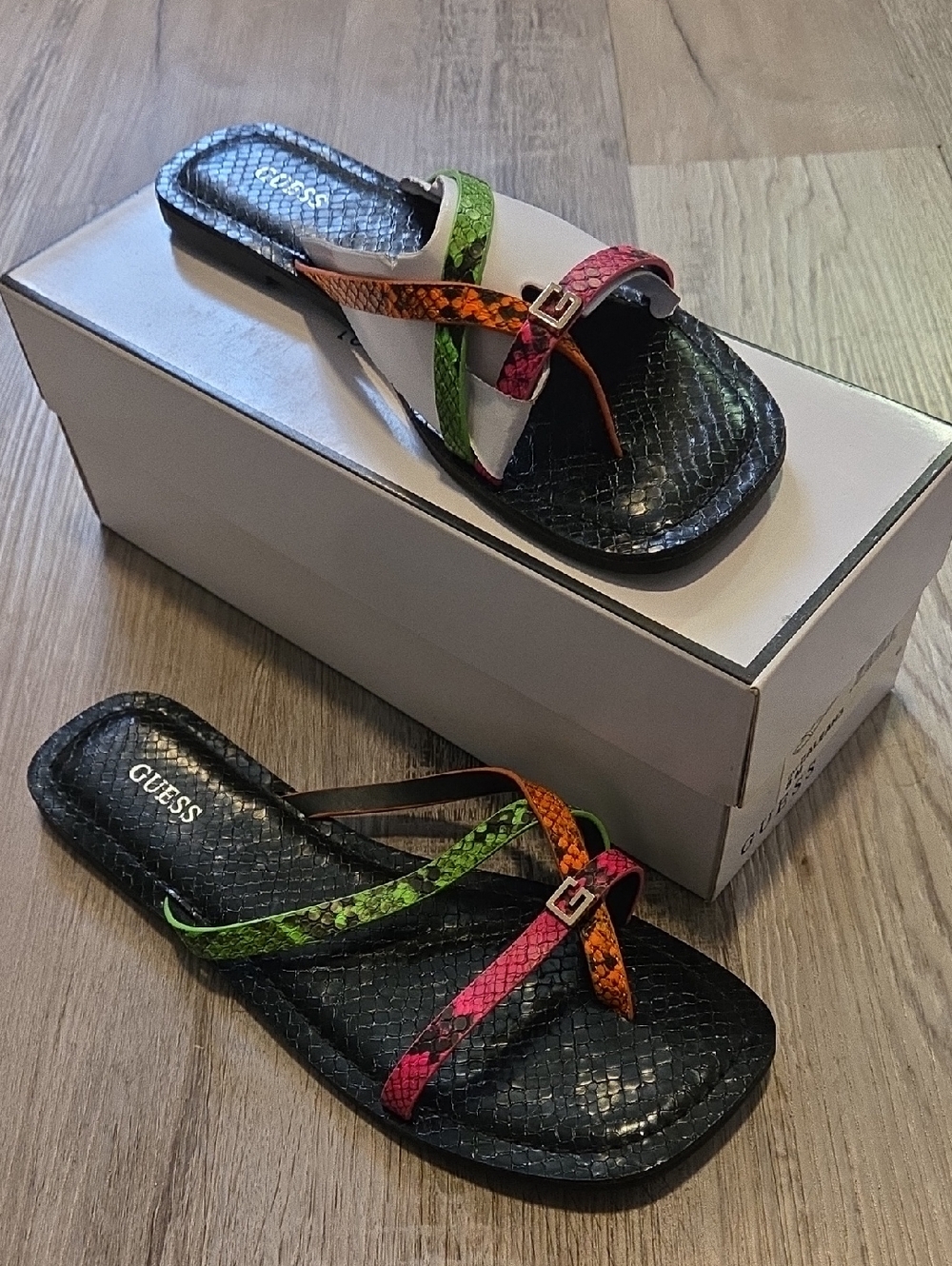 GUESS Black Slide Sandals with Pink, Green & Orange Snake-Print Straps